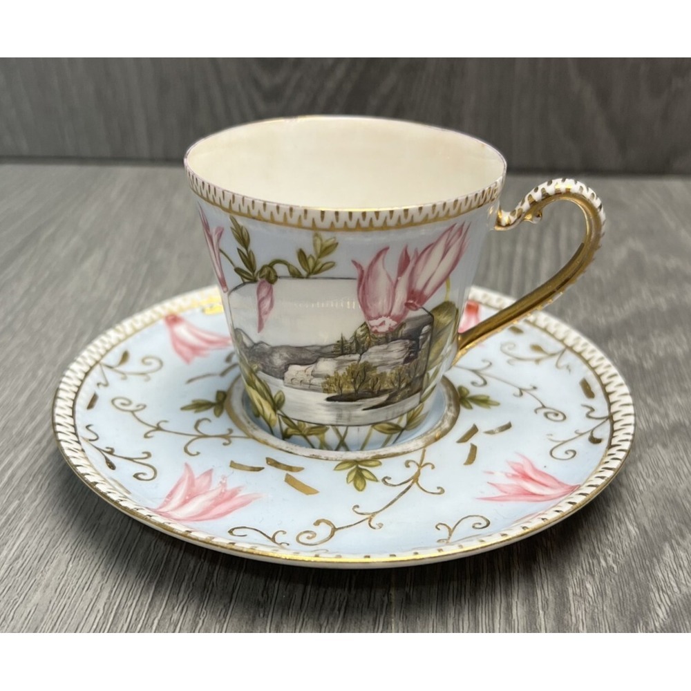 Vintage Depose Tea Cup & Saucer‎ Hand Painted Floral Lake Trees Blue Gold - READ